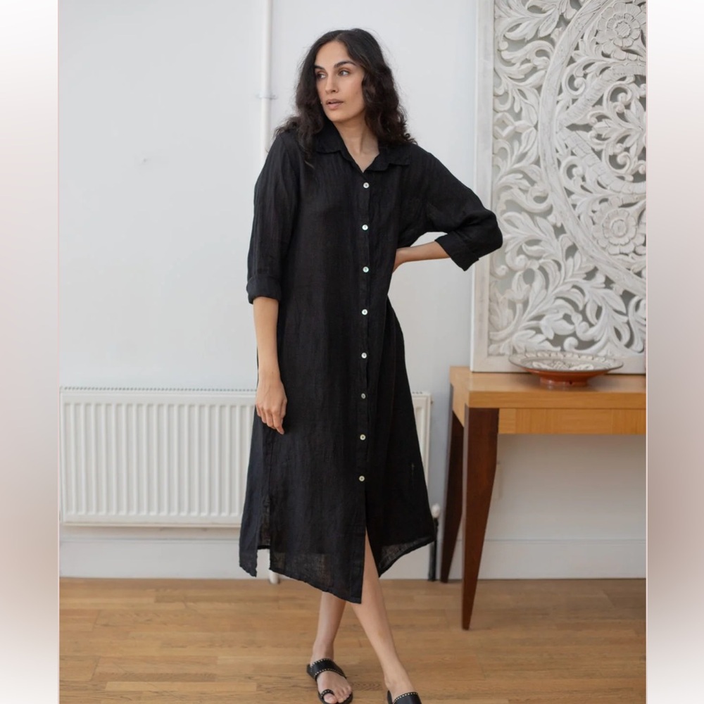 Lemonwood Elegant Black Linen Button-Down Dress Sz:S